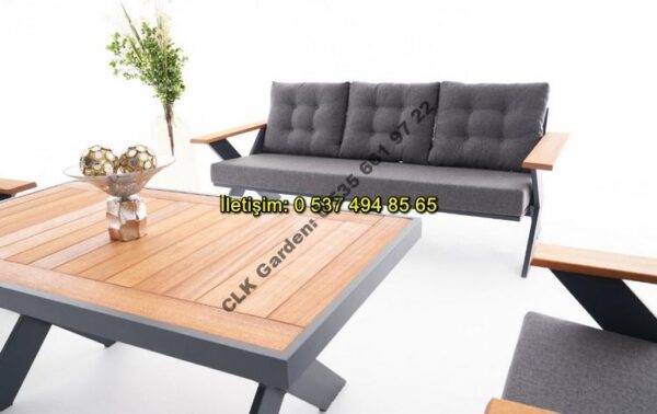 CLK Garden Gümbet Çapraz Cross Ayak Alüminyum ve Ahşap Bahçe ve Balkon Mobilya Takımı 3+1+1+OS - Görsel 14