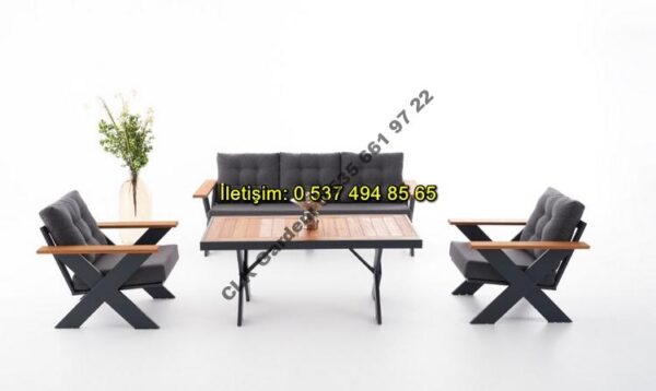 CLK Garden Gümbet Çapraz Cross Ayak Alüminyum ve Ahşap Bahçe ve Balkon Mobilya Takımı 3+1+1+OS - Görsel 10