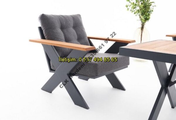 CLK Garden Gümbet Çapraz Cross Ayak Alüminyum ve Ahşap Bahçe ve Balkon Mobilya Takımı 3+1+1+OS - Görsel 7