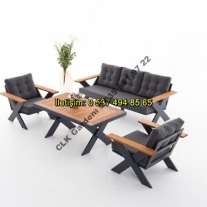 CLK Garden Gümbet Çapraz Cross Ayak Alüminyum ve Ahşap Bahçe ve Balkon Mobilya Takımı 3+1+1+OS