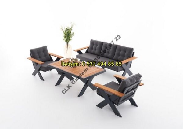 CLK Garden Gümbet Çapraz Cross Ayak Alüminyum ve Ahşap Bahçe ve Balkon Mobilya Takımı 3+1+1+OS