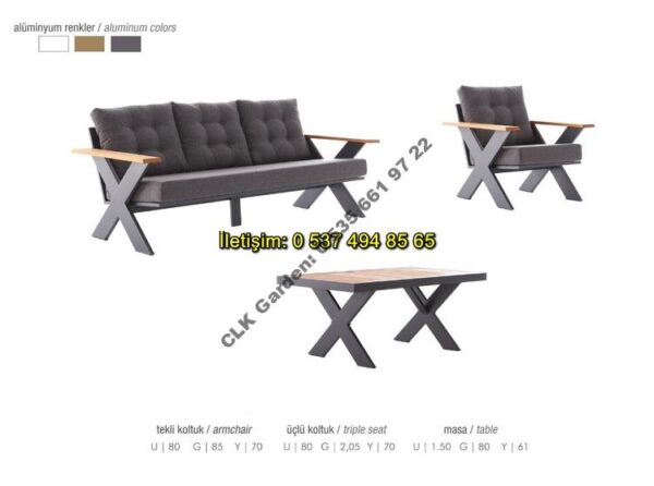 CLK Garden Gümbet Çapraz Cross Ayak Alüminyum ve Ahşap Bahçe ve Balkon Mobilya Takımı 3+1+1+OS - Görsel 2